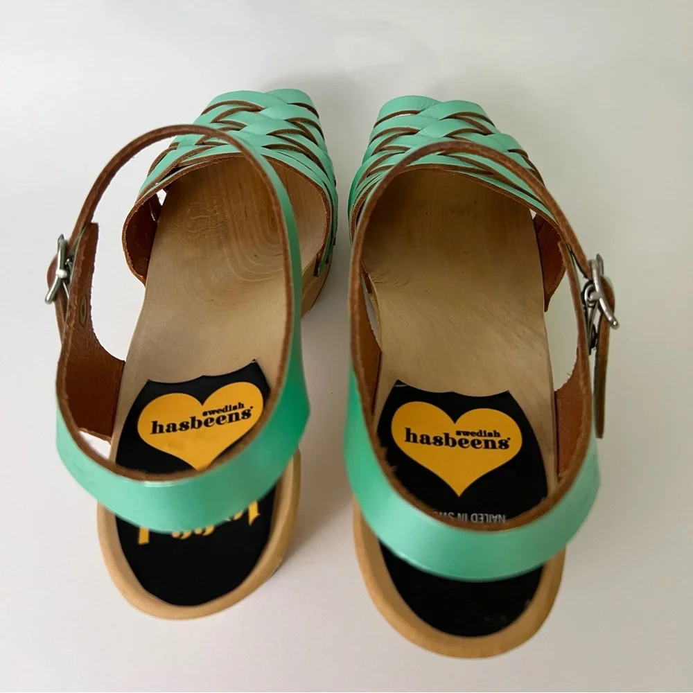 Swedish Hasbeens Mint Green Leather Platform Sandals